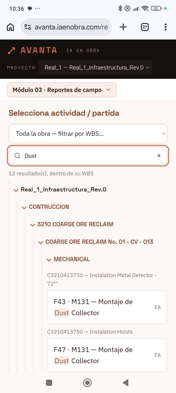 Reporte de campo de Avanta-Control en el celular